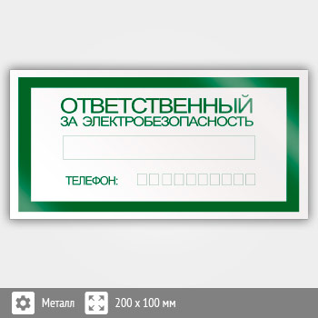 Знак «Ответственный за электробезопасность», B02 (металл, 200х100 мм)